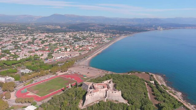Antibes, France: Aerial view of Le Fort Carr&eacute; (Fuerte Cuadrado) in famous resort town by Mediterranean Sea on French Riviera - landscape panorama of Europe from above
