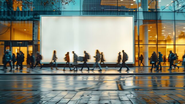 Outdoor blank billboard sign board poster with people passing by. 