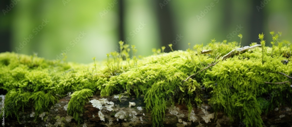 Poster close up texture of green moss on forest ground with tree bark turf foliage and lichen creating a de