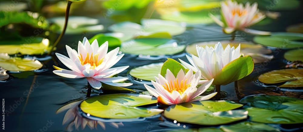 Poster genus nymphaea includes hardy and tender aquatic plants with a widespread distribution. copy space i