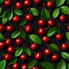 Red cherries on a dark background in a pattern, creating a striking visual contrast.