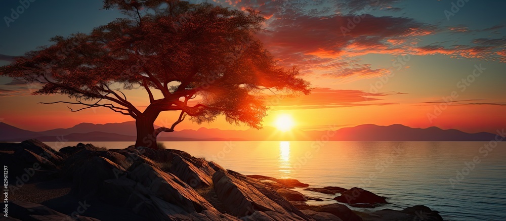 Poster scenic sunset creating a beautiful atmosphere with a stunning view in the background ideal for a cop