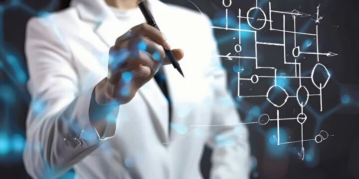 Businesswoman Directs Workflow Automation and Flowcharts, Step-by-Step Business Growth Process, Finger Touches Business Process Workflows