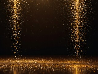 Golden glitter raining down onto a smooth backdrop bathed in the glow of a powerful spotlight.