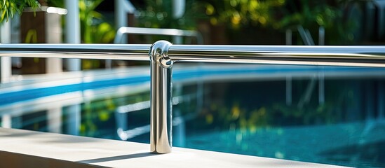 Stainless steel handrail beside swimming pool with copy space image