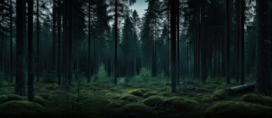 Karelia forest trees create a dark forest background with copy space image