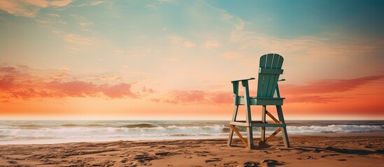 In New York a lifeguard chair stands on the beach during a picturesque sunset providing a serene backdrop for a copy space image