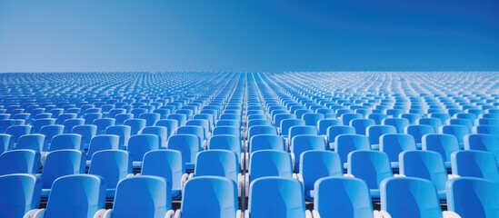 On a summer day a sports stadium filled with rows of blue and white plastic seats creating a vibrant scene perfect for a copy space image