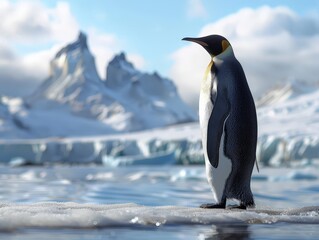 Majestic Penguin Silhouetted Against Snowy Mountains on Shoreline