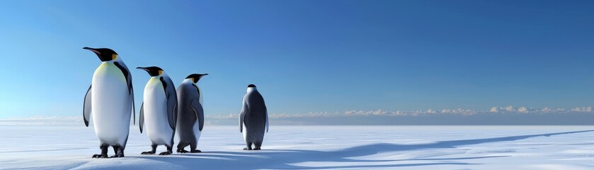 Graceful Penguins Marching on Ice under Clear Blue Skies