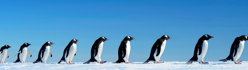 Obraz premium Waddling Penguins: Adorable March on Ice Under Clear Blue Sky