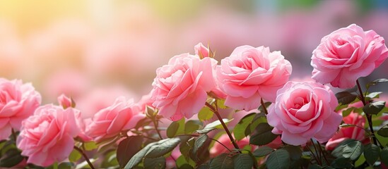 Obraz premium Pink roses blooming in the garden ideal as a backdrop for birthday Valentine s Day and Mother s Day greeting cards with copy space image