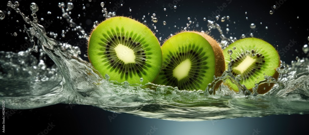 Poster kiwi fruit splashing in water creating ripples with copy space image