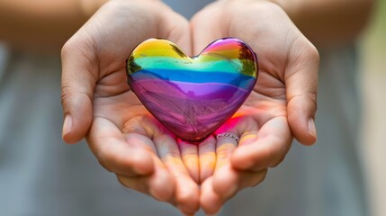 Hands holding rainbow colored heart. LGBT rights concept.