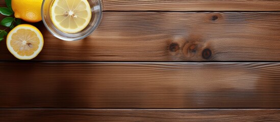 Wooden surface with a glass of water and lemon slices ideal for a detox morning routine with a natural and refreshing copy space image - Powered by Adobe