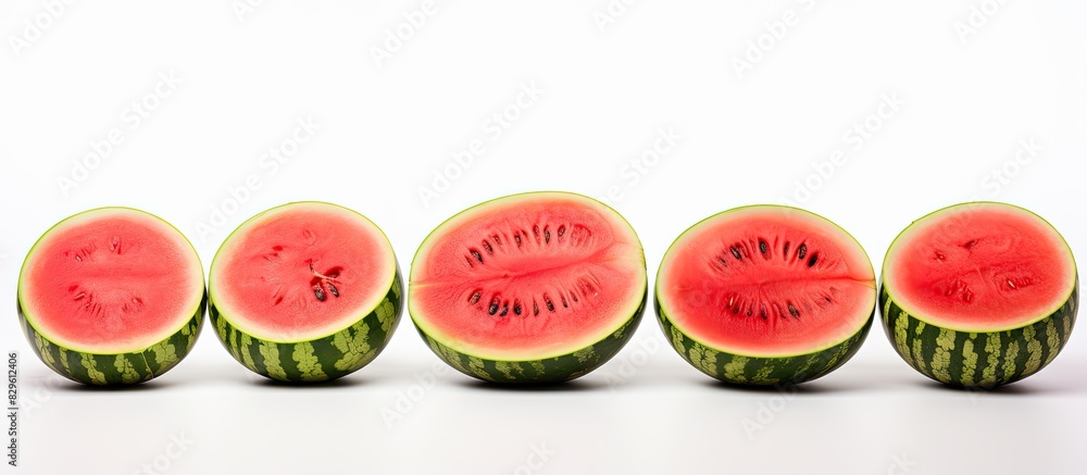 Poster large red watermelons displayed on a white background with empty space for text or images. copy spac