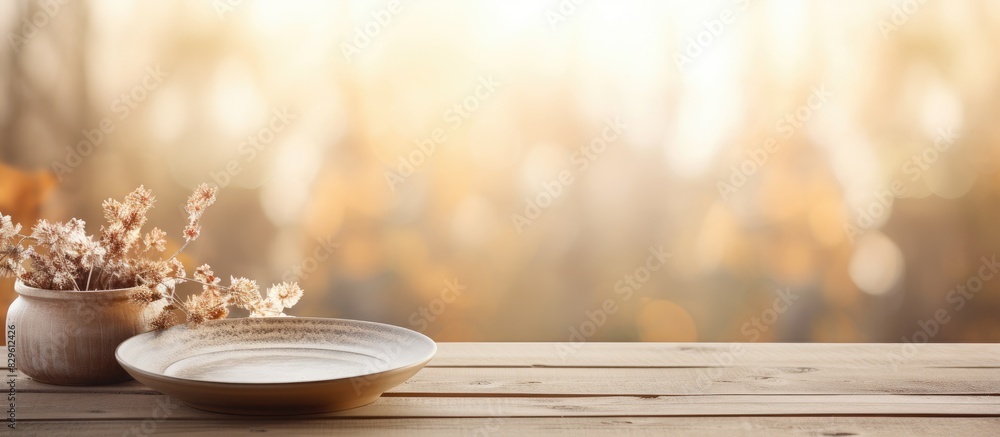 Canvas Prints Display products on a wooden table bathed in warm sunlight with bokeh adding a soft dreamy effect to the copy space image