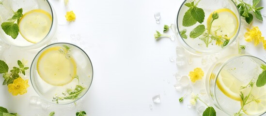 Top down view of a summer themed Hugo spritz cocktail featuring champagne cucumber lemon and mint in wine glasses with copy space image
