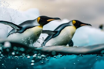 Fototapeta premium Playful Penguins Diving into Crystal Blue Ocean Waters from Ice Floe on Sunny Day