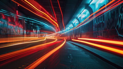 Neon light trails in urban night scene