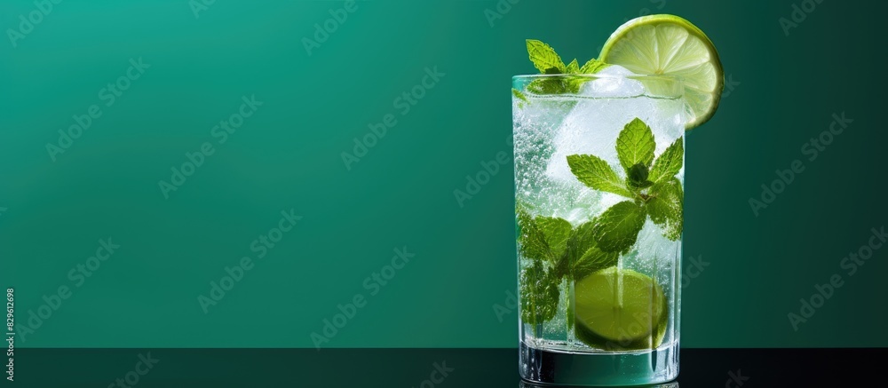 Poster creating a mojito with a mint leaf garnish accompanied by a lime wedge on the rim of the glass in a 