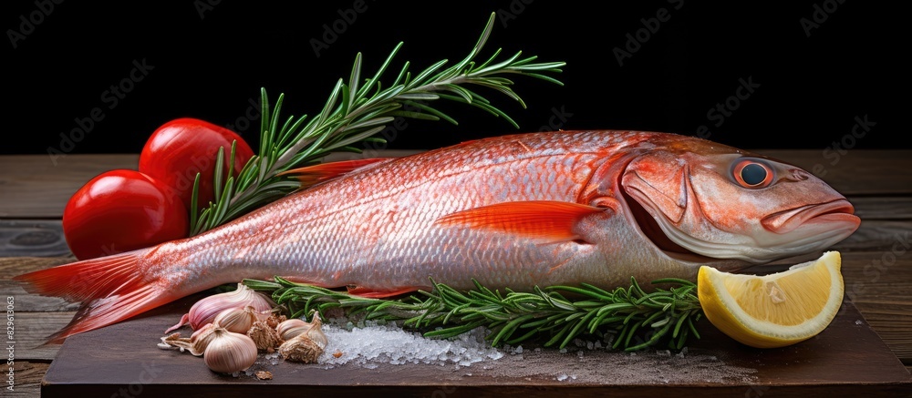 Poster red mullet displayed in an enticing manner with tomato garlic and rosemary creating an appealing cop