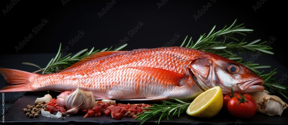 Poster red mullet displayed in an enticing manner with tomato garlic and rosemary creating an appealing cop