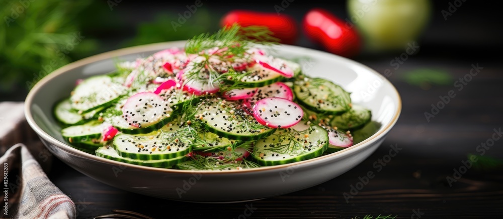 Aufkleber radish and cucumber salad sprinkled with sesame seeds and dill shown in copy space image