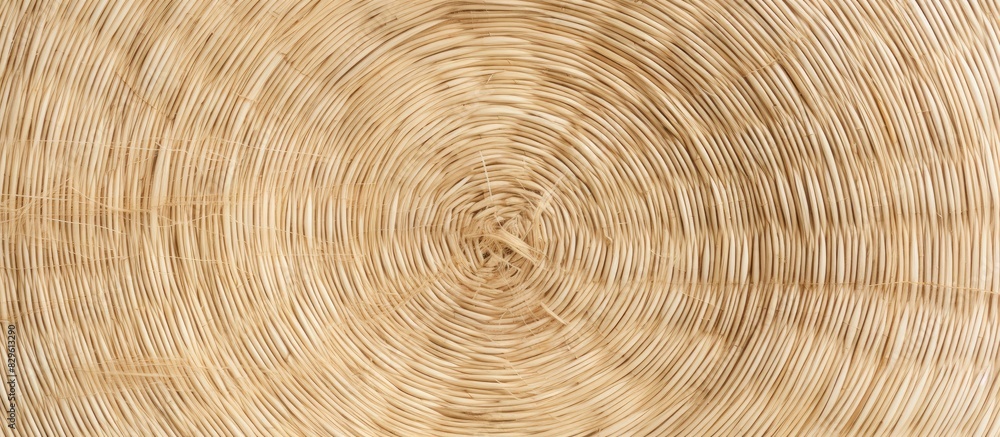 Poster a close up image showing a wickerwork saucer made from dry sedge on a white background with a textur
