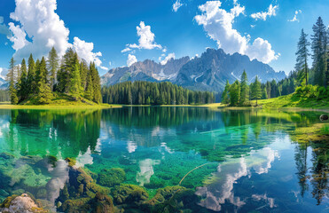 A stunning photograph of the breathtaking green lake in Italy surrounded by dense forests and majestic mountains under a clear blue sky. Created with Ai