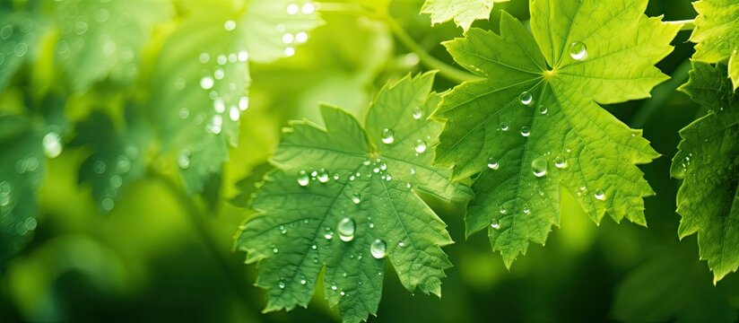 A close up image showing downy mildew on green grape leaves with copy space