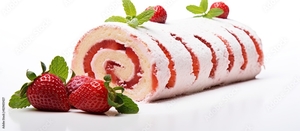 Poster strawberry roll cake displayed on a white background with copy space image