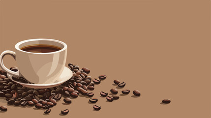 Composition with a cup and coffee beans on a plain br