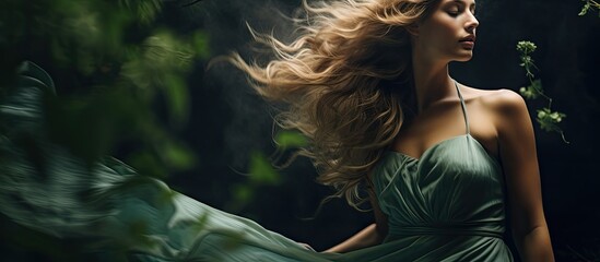 Young woman in a flowing green dress with a captivating expression enveloped by lush foliage in a copy space image - Powered by Adobe