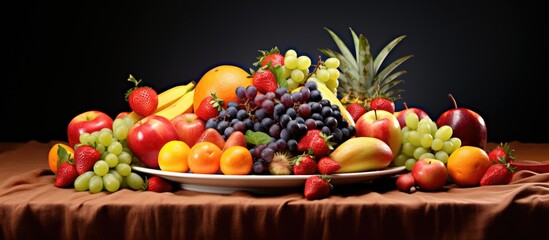 Plate containing a variety of colorful fruits with a copyspace image