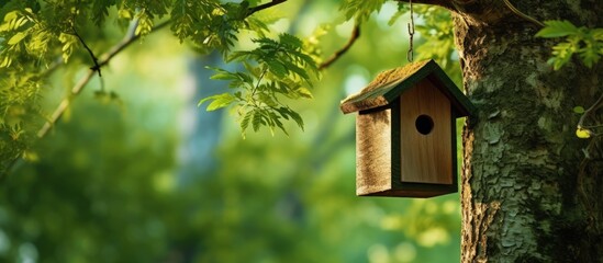 A bird box is attached to a tree trunk surrounded by branches and vibrant green leaves creating a tranquil setting with ample copy space image - Powered by Adobe