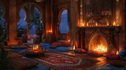Obraz premium Muslim living room decorated at night The fireplace becomes a focal point of warmth and elegance. Decorated with traditional Islamic art, creating a comfortable atmosphere. reflecting cultural heritag