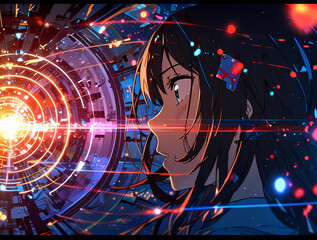 Anime Girl Amidst Futuristic Portal Lights. Generative AI.
