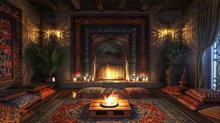 Muslim living room decorated at night The fireplace becomes a focal point of warmth and elegance. Decorated with traditional Islamic art, creating a comfortable atmosphere. reflecting cultural heritag