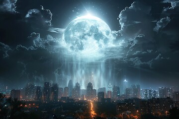 A giant, glowing moon shines over a cityscape, casting ethereal light on the buildings below.
