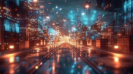 A futuristic cityscape with glowing neon lights and digital displays, reflecting in a wet road.