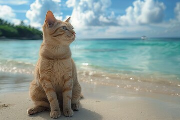 A cat is sitting on a beach, high quality, high resolution