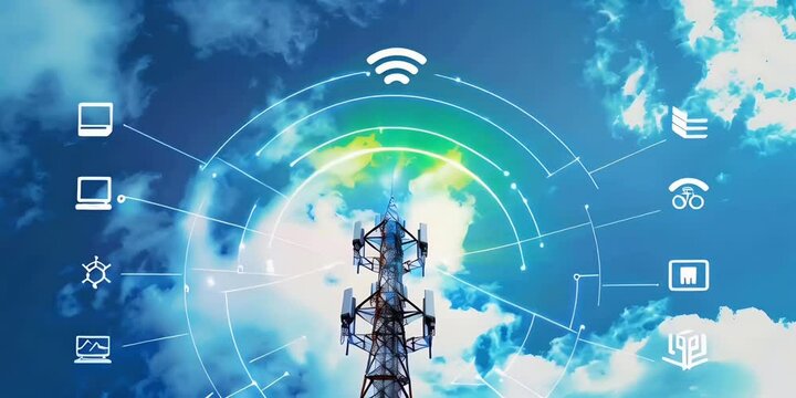 antenna communication tower, with wireless antennas, certification icons, Mobile Signals and electrical power data, blue sky background
