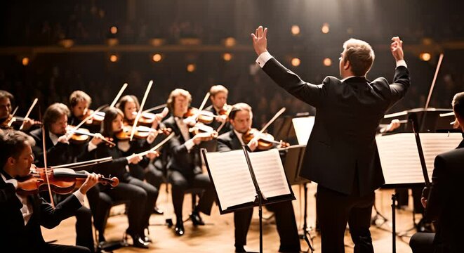 Orchestra conductor directing the musicians.
