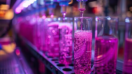 Laboratory Vials with Pink Liquid Undergoing Analysis