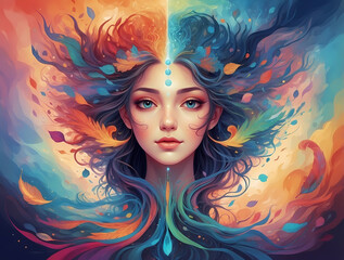Woman Merging with Nature's Vibrant Energy Flow. Generative AI.