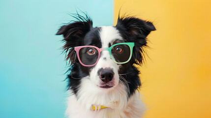 A Border collie dog wearing glass in pastel background