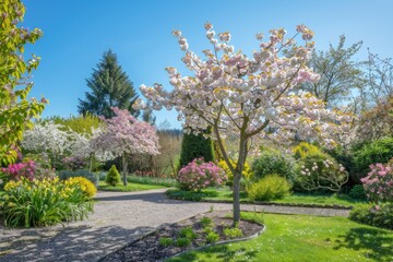 Cherry Blossom Trees in a Sunny Garden