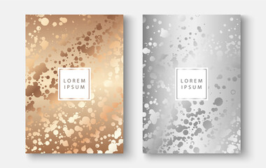 Elegant gold and silver covers, frame design set. Fashionable minimal abstract art pattern with splashes of paint on background. Luxury artistic vector for beauty catalog, fashion template, wedding
