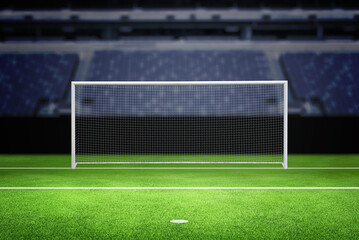 Fototapeta premium Empty football goal in the stadium, perfect for background or text and product promotion, showcasing a sports-themed atmosphere